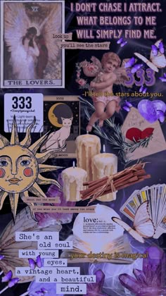 a collage of pictures with words and images on them, including an angel in the background