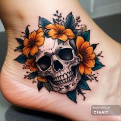 a skull with flowers on it's foot