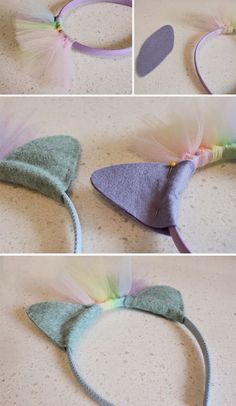 four different pictures of how to make a mouse ears headband with tulle and feathers