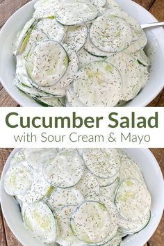 cucumber salad with sour cream and mayo in a white bowl on a wooden table