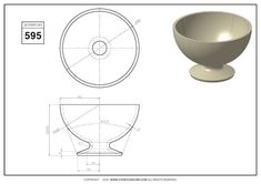 a drawing of a bowl with a base and measurements for the bowl, shown in white