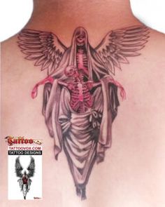 the back of a man's chest with a skeleton and angel tattoo on it