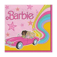 a pink car with two girls in it and stars on the side that says barbie