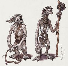 two alien like creatures are standing next to each other, one is holding a stick