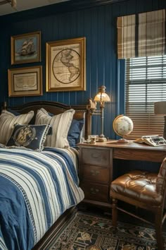 a bed room with a neatly made bed next to a chair and desk in front of a window