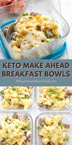 keto make ahead breakfast bowls in plastic containers with text overlay that says keto make ahead breakfast bowls