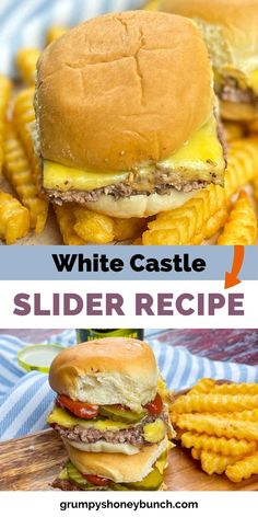 the slider recipe is made with white castle hamburgers, cheese and french fries