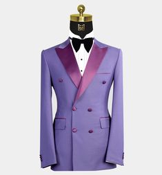 Classic Purple Tuxedo For Semi-formal Events, Fitted Double-breasted Tuxedo With Pressed Crease, Purple Tuxedo Style Formal Blazer, Classic Purple Blazer For Formal Occasions, Elegant Purple Double-breasted Blazer, Purple Notch Lapel Tuxedo For Formal Occasions, Fitted Purple Suit For Formal Occasions, Fitted Purple Formal Suit, Elegant Purple Business Blazer