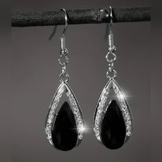 Black Glass And Rhinestone Waterdrop Earrings. New Black Teardrop Rhinestone Jewelry, Black Teardrop Jewelry With Rhinestones, Black Teardrop Crystal Jewelry, Black Crystal Earrings As Gift, Black Drop Crystal Earrings, Black Drop Teardrop Earrings For Party, Black Crystal Earrings With Rhinestones, Black Teardrop Drop Earrings For Party, Black Teardrop Earrings For Party