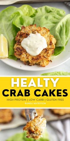 crab cakes on a plate with lettuce and lemon wedges in the background