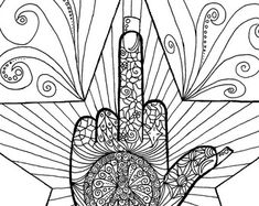 a coloring page with a hamsa hand and swirls on it, in black and white