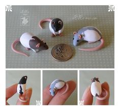 three pictures of tiny toy mice on fingernails and one has a penny in it