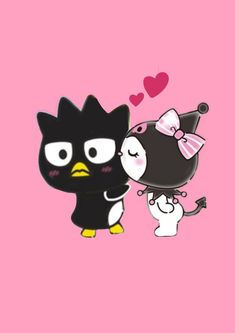 two black and white cartoon cats with hearts on pink background, one is holding the other's head