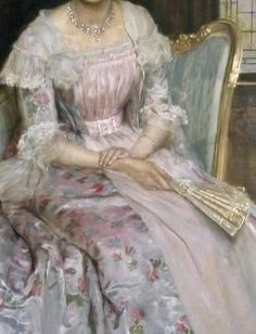 a painting of a woman sitting in a chair wearing a pink dress and holding a fan