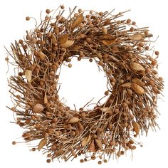 a close up of a dried wreath on a white background