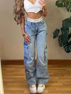 Straight Baggy Jeans, Women Cargo Pants, Pants Y2k, Jeans Cargo, Women Cargos, Really Cute Outfits