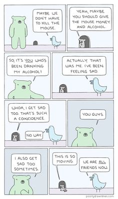 a comic strip with bears and birds talking to each other about what they are doing