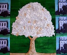 a tree made out of book pages on a green background