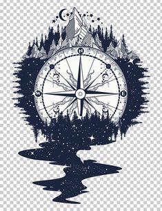 a compass with trees and mountains in the background, on a transparent background png