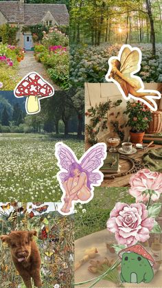 a collage of photos with flowers and fairy images