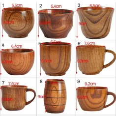 different types of wooden coffee mugs are shown in this diagram, with measurements for each cup