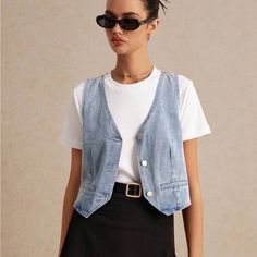 Super Cute And Stylish Ships In 5-10 Business Days Denim Vest Styling, Denim Vest Outfits For Women, Denim Waistcoat Outfit Woman, Waistcoat Outfit Women, Denim Vest Style, Denim Vest Outfit, Waistcoat Outfit, Vest Outfits For Women, Denim Waistcoat