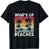 a black shirt that says what's up in the beach with palm trees on it