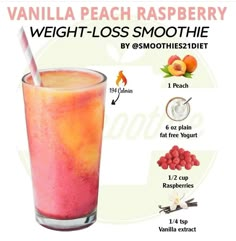 a smoothie is shown with the ingredients to make it look like peach raspberry