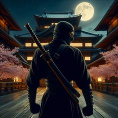 a man holding two swords in front of a building with cherry blossoms on the ground