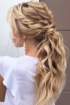 Low Pony Hairstyles Homecoming, Low Pony Fancy Hairstyles, Hoco Updo Hairstyles High Ponytail, Messy Elegant Ponytail, Hair Ideas For Bridesmaids Ponytail, Wedding Updos For Thick Long Hair, Curly Pony Wedding Hair, Bridal Low Ponytail With Braid, Prom Hairstyles For Thinner Hair Up