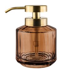 a brown glass soap dispenser with a gold faucet