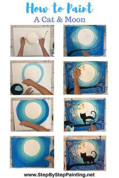 how to paint a cat and moon with step by step instructions