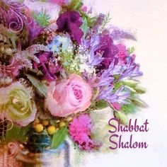 a bouquet of flowers in a vase with the words subbat shalow on it