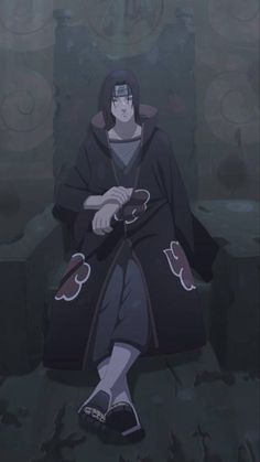 an anime character sitting on a chair with his hands in his pockets and wearing a black coat