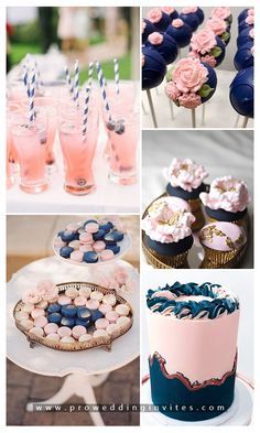 pink and blue desserts, cupcakes, cake pops, and drinks