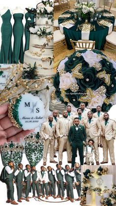 a collage of green and white wedding colors with gold accents, grooms in tuxedos