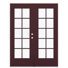 a double door with two sidelights on the top and bottom, in dark brown