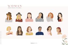 women with different facial expressions are shown in this graphic art printable poster, which depicts the various types of woman's faces