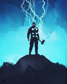 a man standing on top of a hill holding an ax in front of a lightning storm