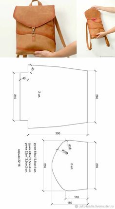 the back and side view of a handbag with measurements