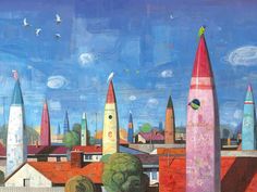 a painting of a city with tall buildings and birds flying over the top of them