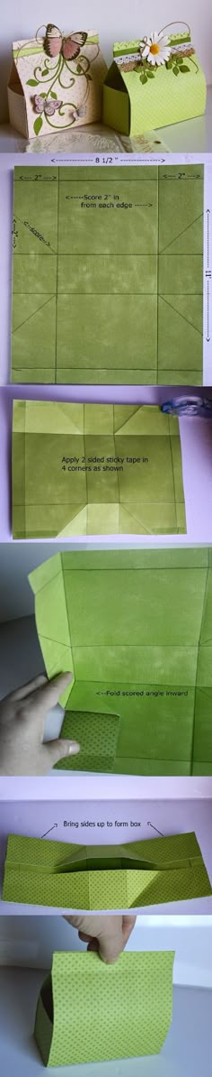 three different views of folded papers on shelves