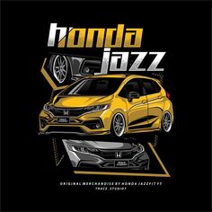 the honda jazz car is shown in yellow and black, with an image of two different cars