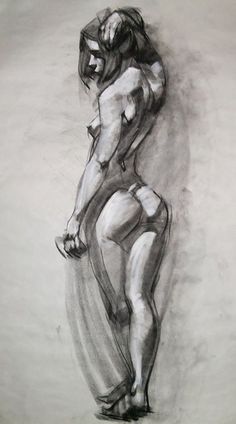 a black and white drawing of a naked woman with her hands on her hipss