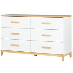 a white dresser with wooden handles and drawers