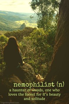 a woman sitting on top of a tree next to a forest