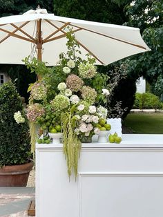 an umbrella and some flowers on a white table with potted plants in front of it