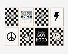 six black and white posters with the words, peace, love, and other things