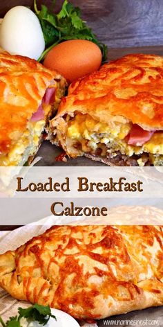 two different types of food are shown in this collage with the words loaded breakfast calzonee