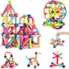 an assortment of colorful toys including beads and magnets